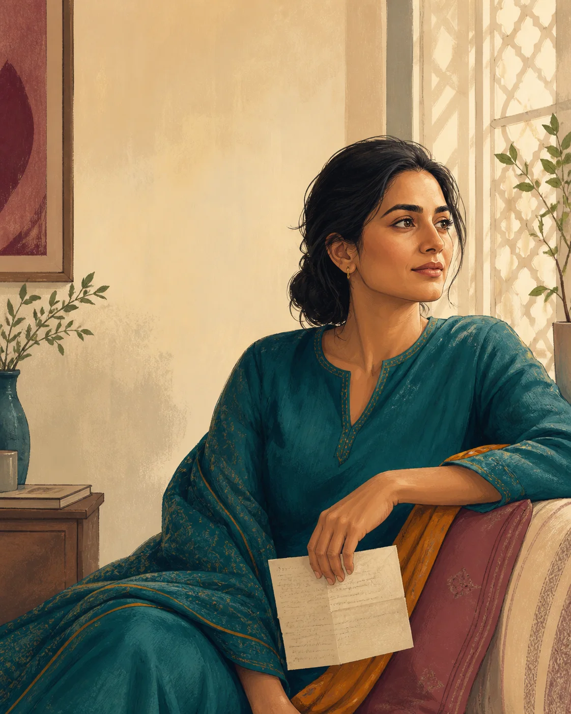 Illustration of a Pakistani woman holding a letter beside a window