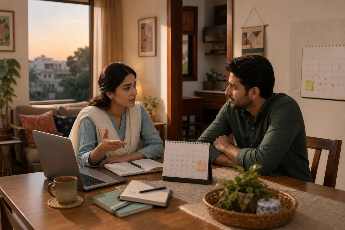 Pakistani woman discussing her career plans with her husband beside a laptop and calendar