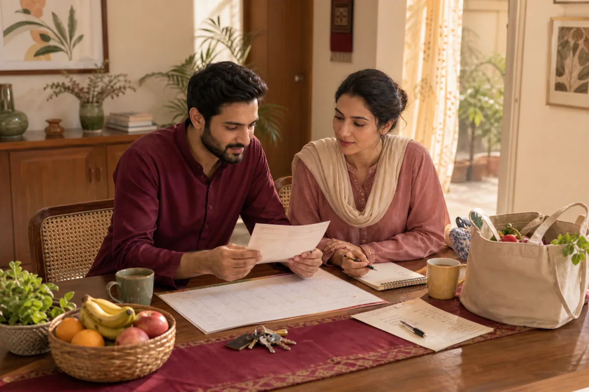 Pakistani parents reviewing school information and education costs together