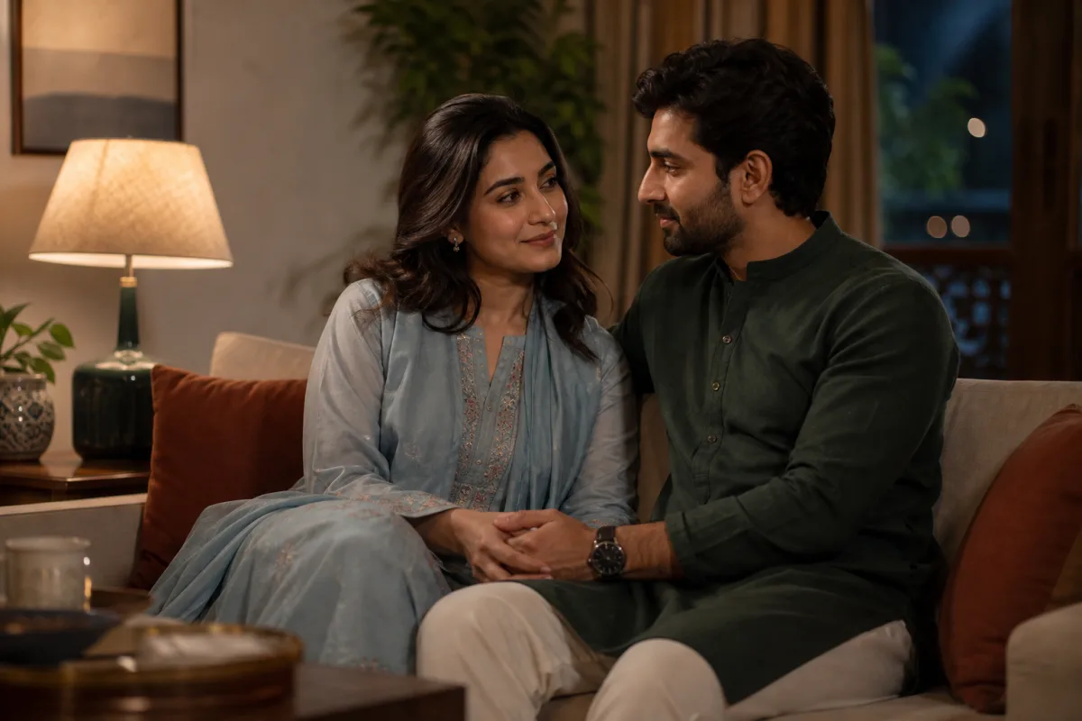 Married Pakistani couple sharing a quiet and affectionate moment in a private living room