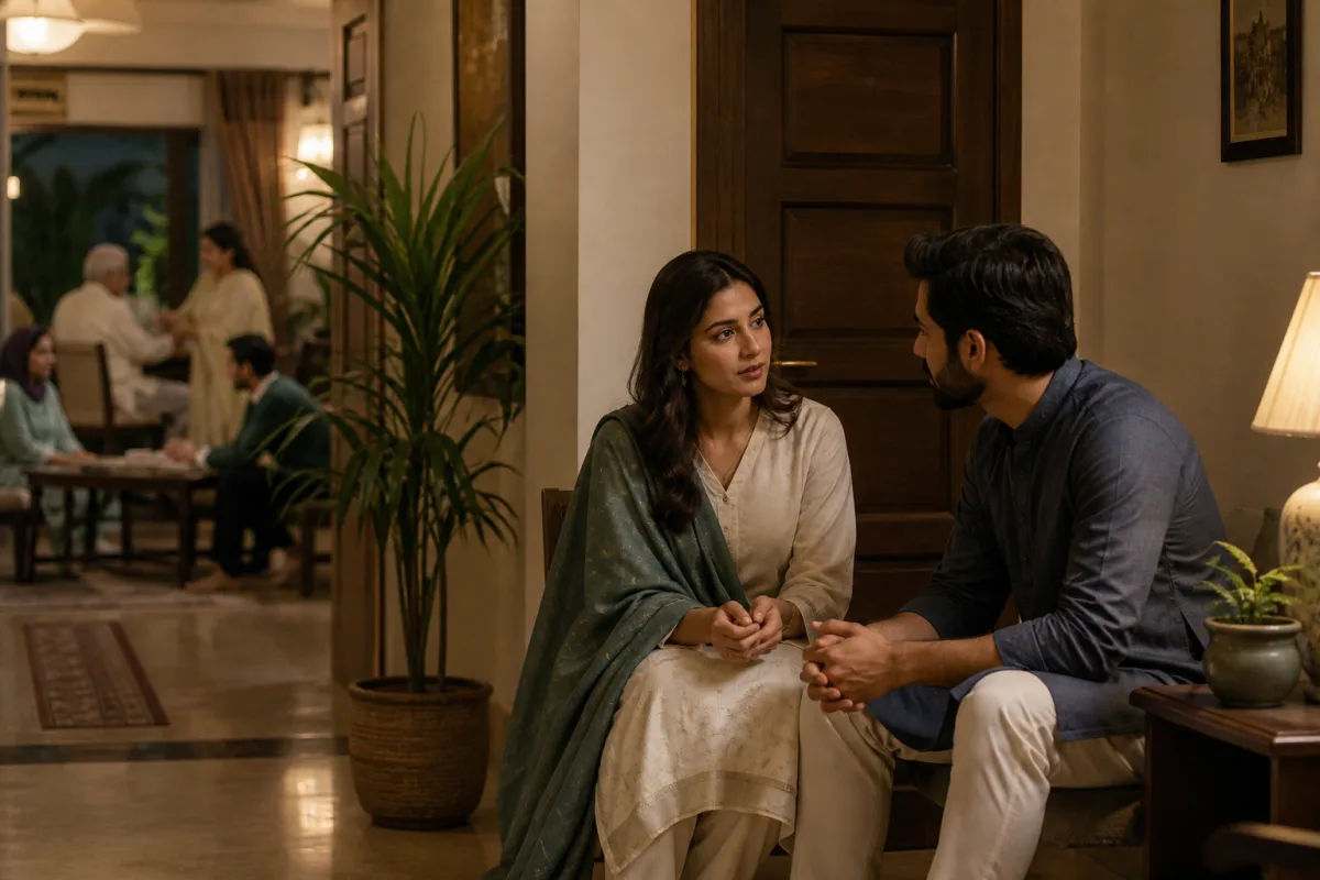 Pakistani couple speaking privately near their room while family members gather farther away