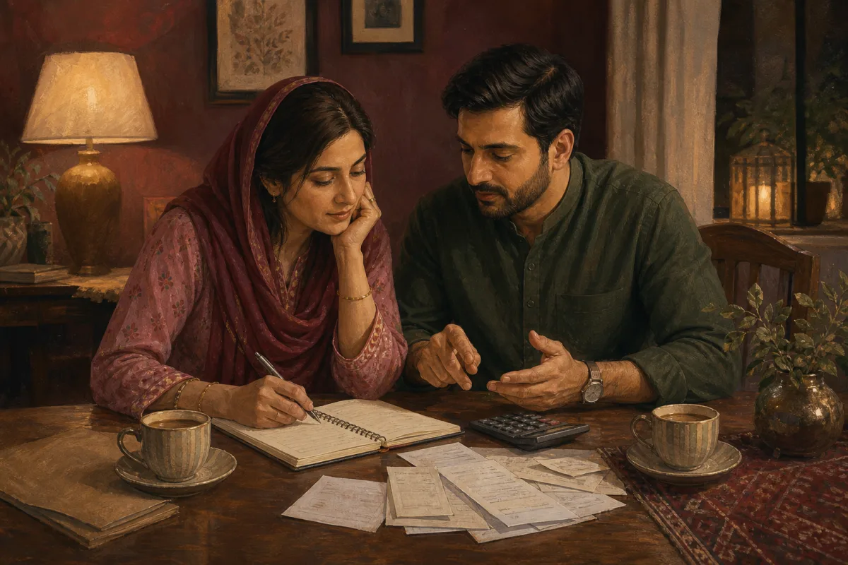 Pakistani couple reviewing household finances with a calculator and notebook