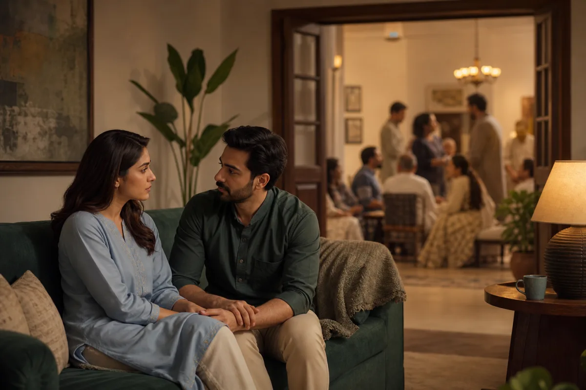Pakistani couple supporting each other during a private talk while relatives gather in another room