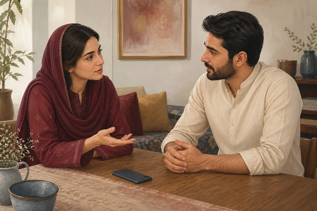 Pakistani couple discussing phone privacy with a phone placed face down between them